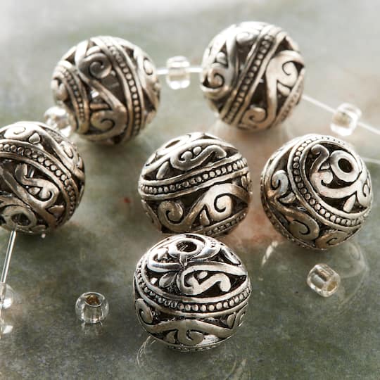 12 Pack: Silver-Plated Carved Filigree Beads, 15mm by Bead Landing™